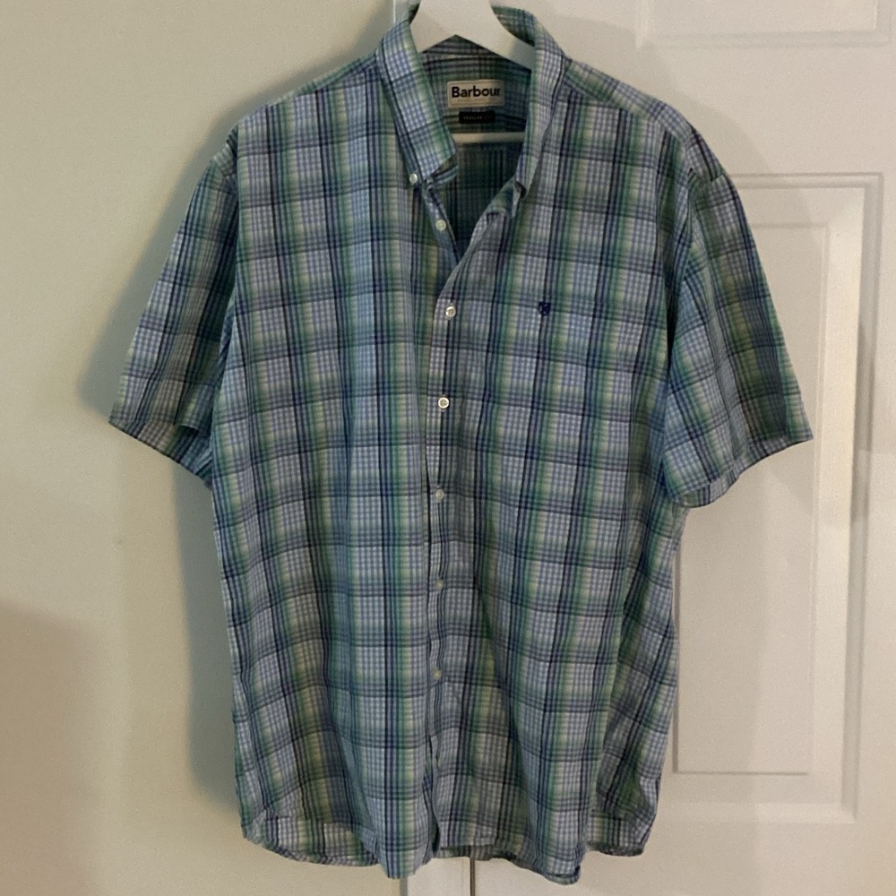 Barbour Short-Sleeve Plaid Button-Down Shirt in Green and Blue